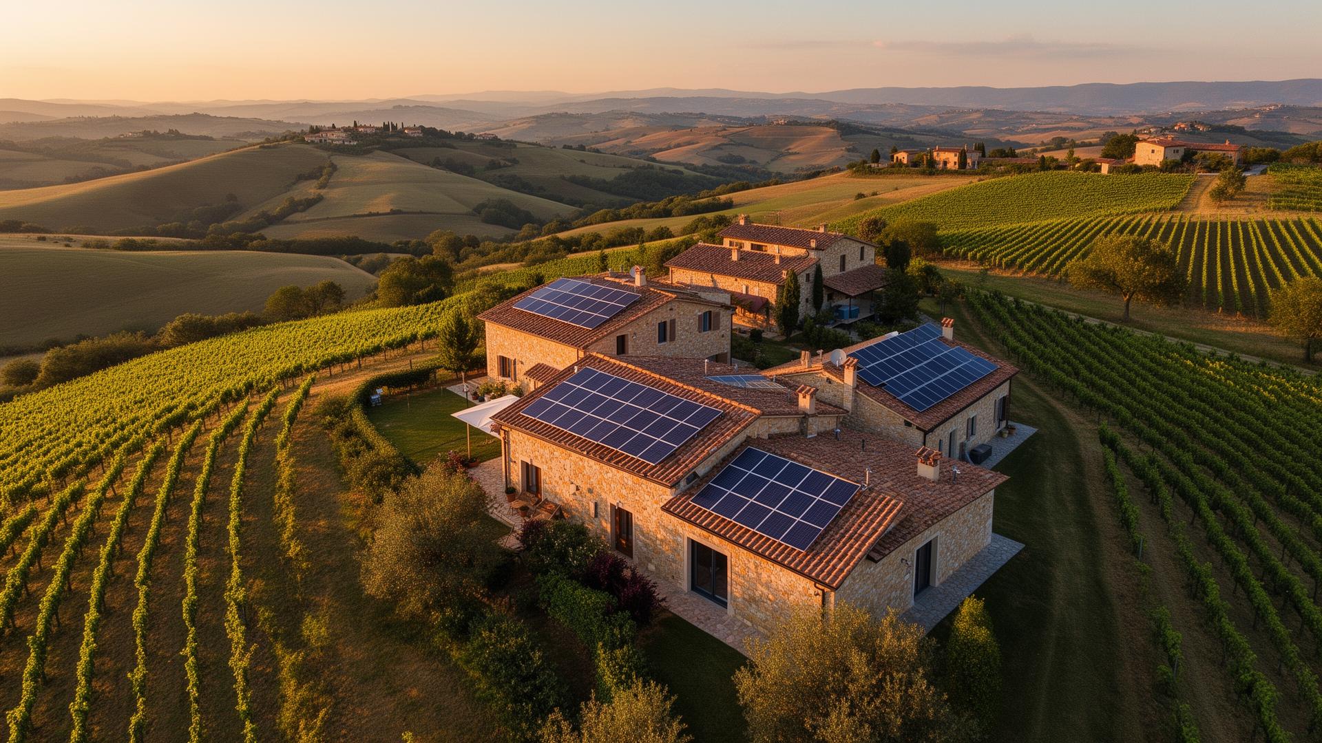 Vista aerea di abitazioni con pannelli fotovoltaici nelle Marche
