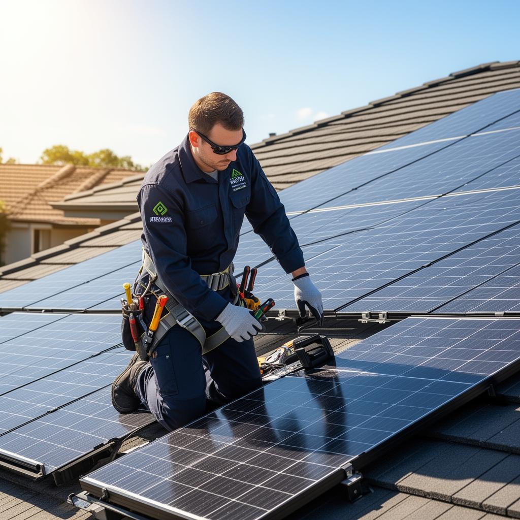 Tecnico IET durante l'installazione di pannelli fotovoltaici